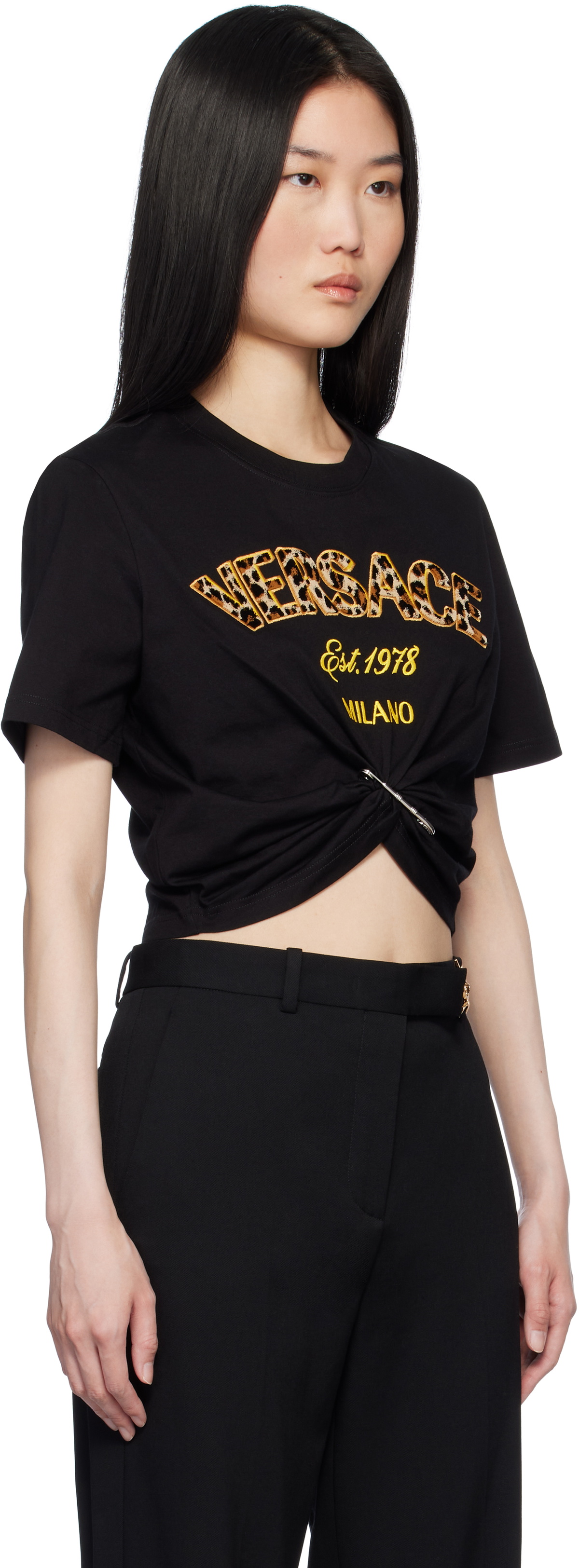 Versace Black Wild Stamp Safety Pin Crop T-shirt Versace