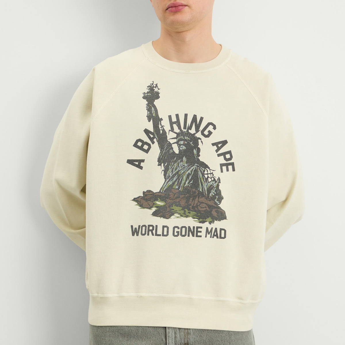 A Bathing Ape Men's Destroy Washed Statue Of Liberty Sweatshirt in Ivory
