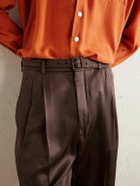 SAINT LAURENT - Tapered Belted Silk-Satin Trousers - Brown