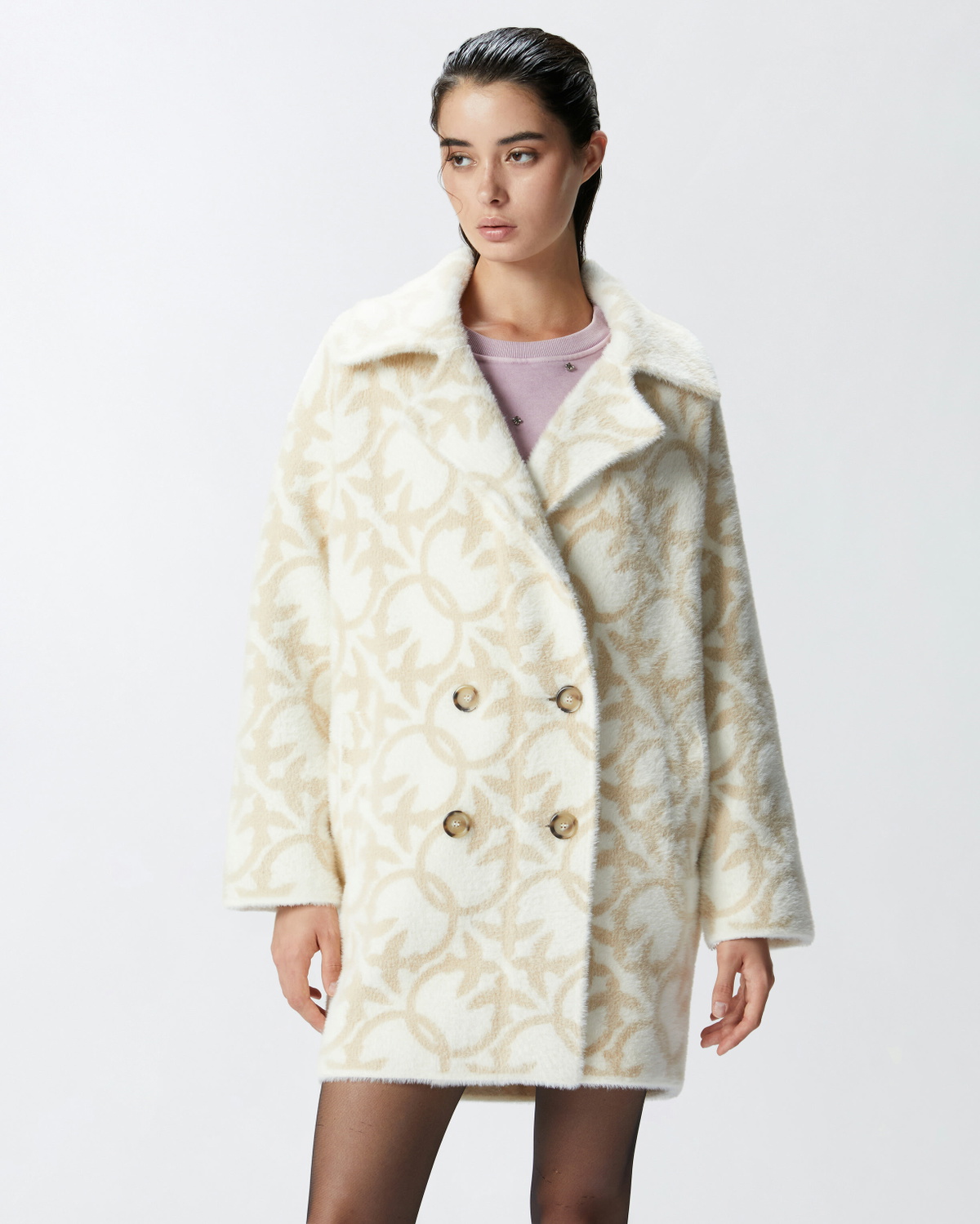 Pinko Short Faux Fur Coat With Logo Cream/Beige
