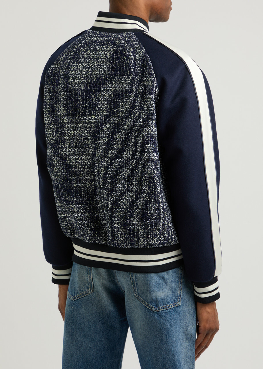 Valentino Panelled Tweed Bomber Jacket Blue And White