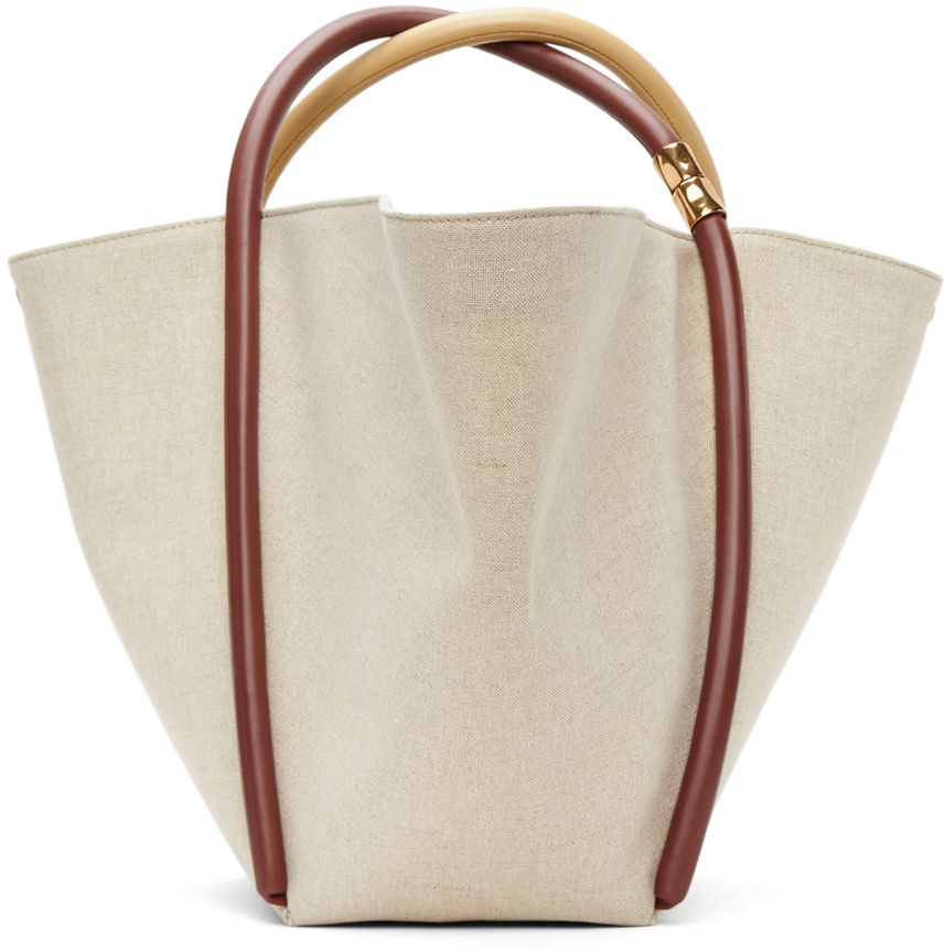 BOYY Beige Burgundy Lotus 25 Lala Flat Canvas Tote BOYY