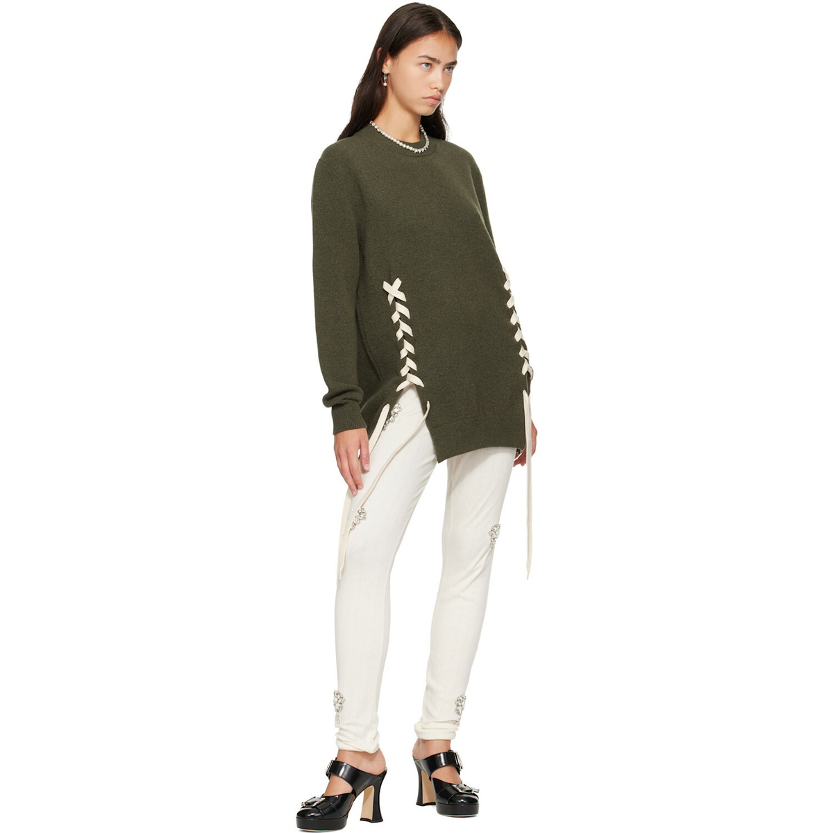 Simone Rocha Khaki Merino Lace Up Hem Jumper