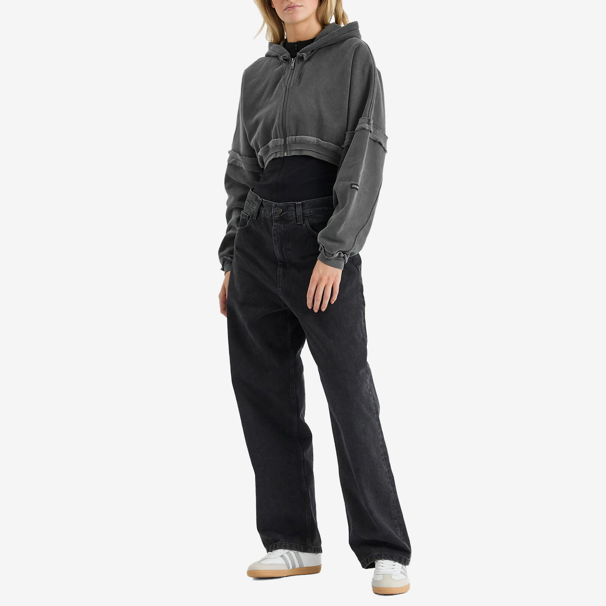 Joah Brown Women's Deconstructed Crop Zip Hoodie in Washed Black