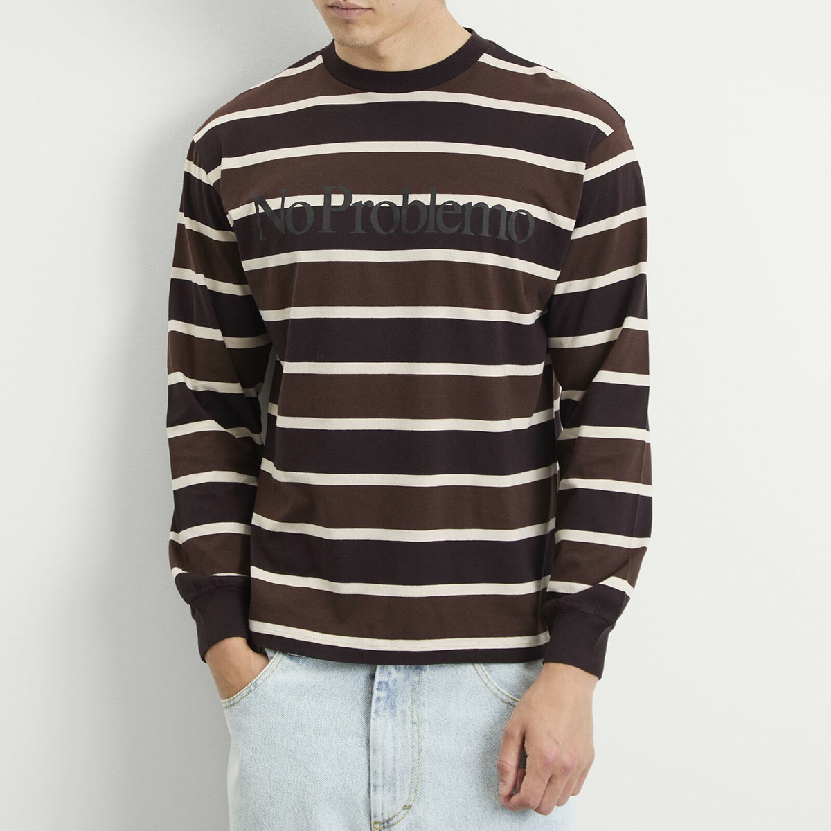 No Problemo Men's Logo Striped Long Sleeve T-Shirt in Brown