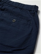 Hartford - Tanker Straight-Leg Pleated Cotton-Seersucker Drawstring Trousers - Blue