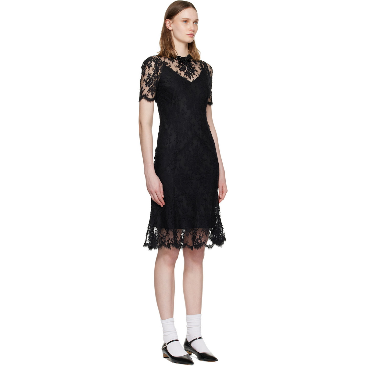 SHUSHU/TONG Black Beaded Lace Short-Sleeve Midi Dress