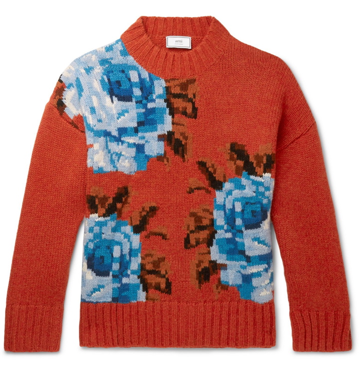Photo: AMI - Oversized Floral-Intarsia Wool Sweater - Red