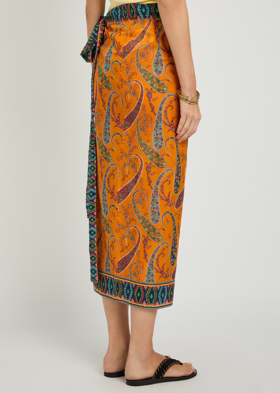 Etro Paisley-print Cotton Midi Wrap Sarong Skirt - Orange - One Size