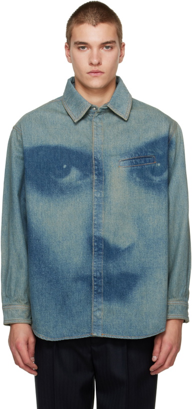 Photo: Jean Paul Gaultier Blue Face Print Oversized Denim Shirt
