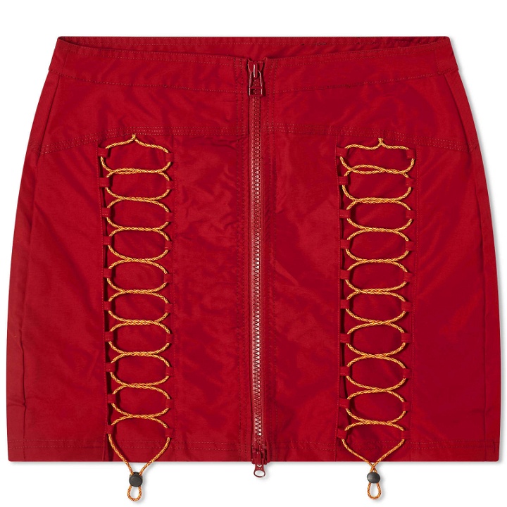 Photo: Brain Dead Women's Triple Needle Bungee Zip Mini Skirt in Red