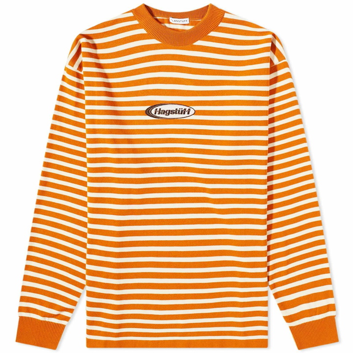 Photo: Flagstuff Men's Long Sleeve Border Stripe Logo T-Shirt in Orange
