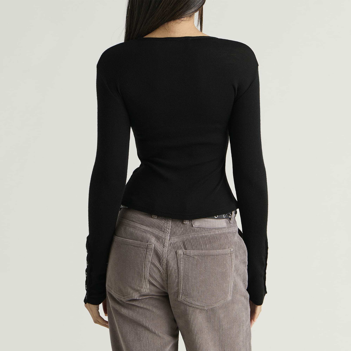mfpen Women's Long Sleeve Henley Top in Black Rib