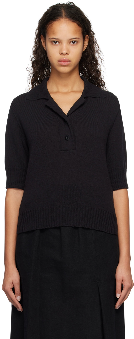 Margaret Howell Black Wide Placket Polo