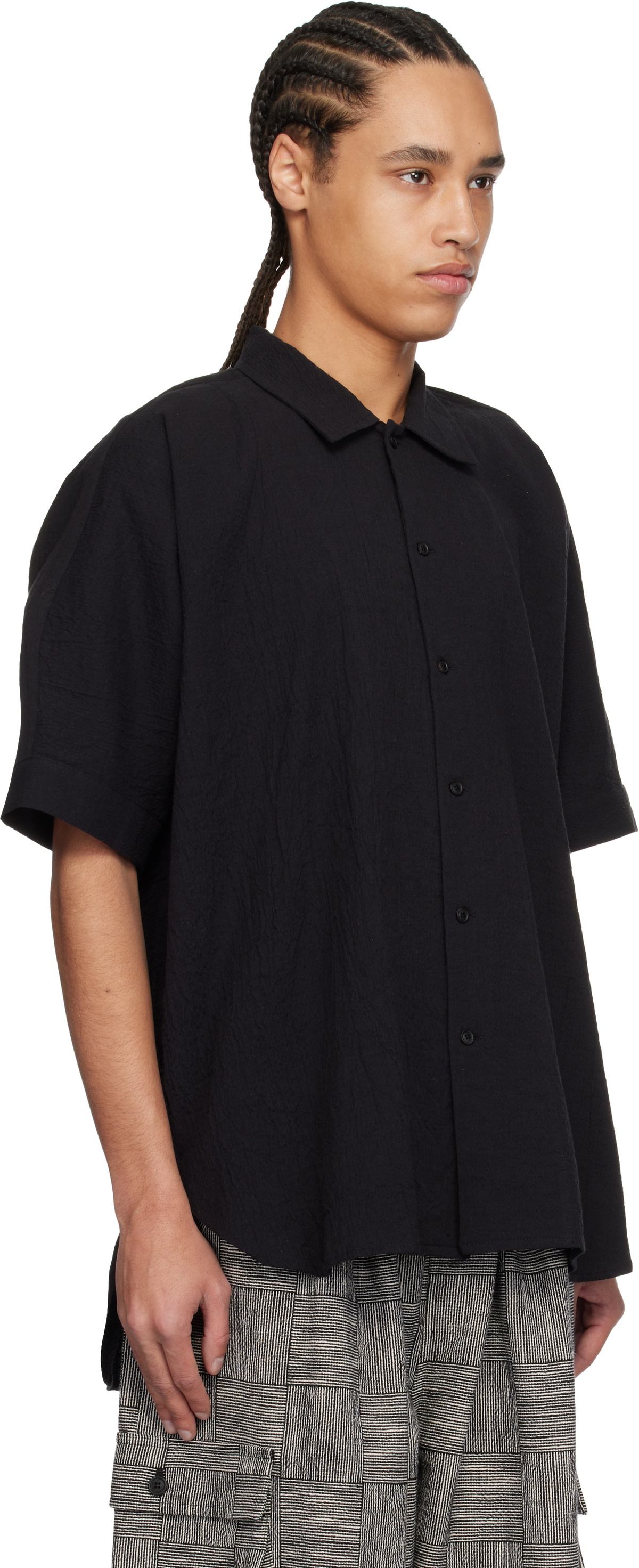 Jan-Jan Van Essche Black O-Project Cotton Linen Seersucker Short Sleeve Shirt