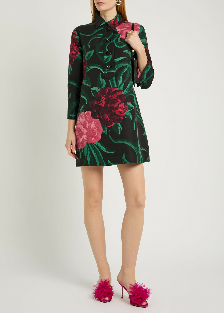 LA Double J Artemis Floral Wool-blend Mini Shirt Dress Black