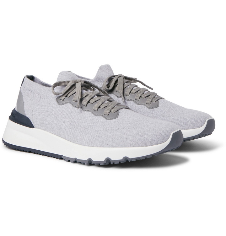 Photo: Brunello Cucinelli - Leather-Trimmed Stretch-Knit Sneakers - Gray