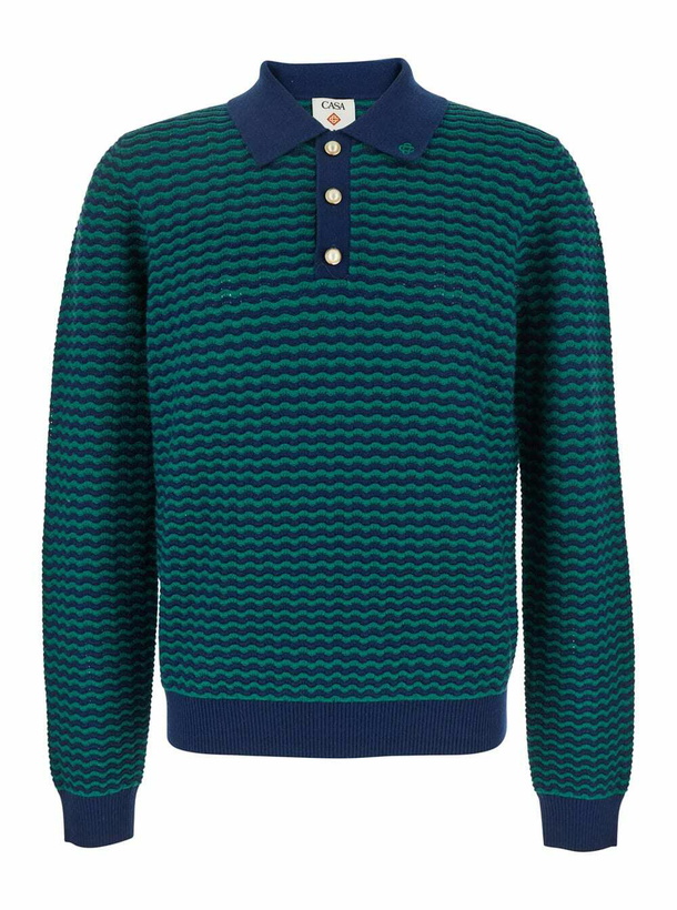 Photo: Casablanca mini Wave Blue Polo Shirt With Logo Embroidery On The Collar And All-over Striped Motif In Wool Man