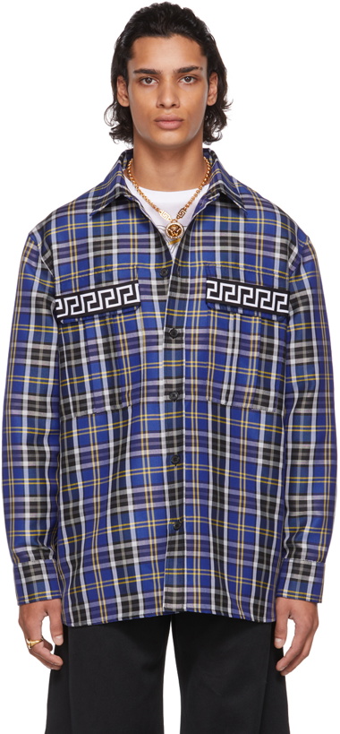 Photo: Versace Blue Wool Tartan Shirt