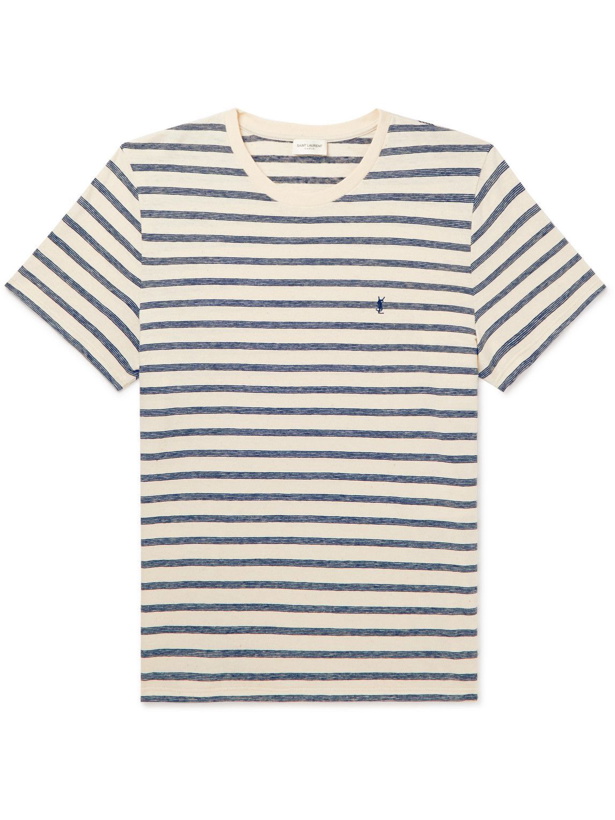 Photo: SAINT LAURENT - Slim-Fit Logo-Embroidered Striped Cotton-Jersey T-Shirt - Neutrals
