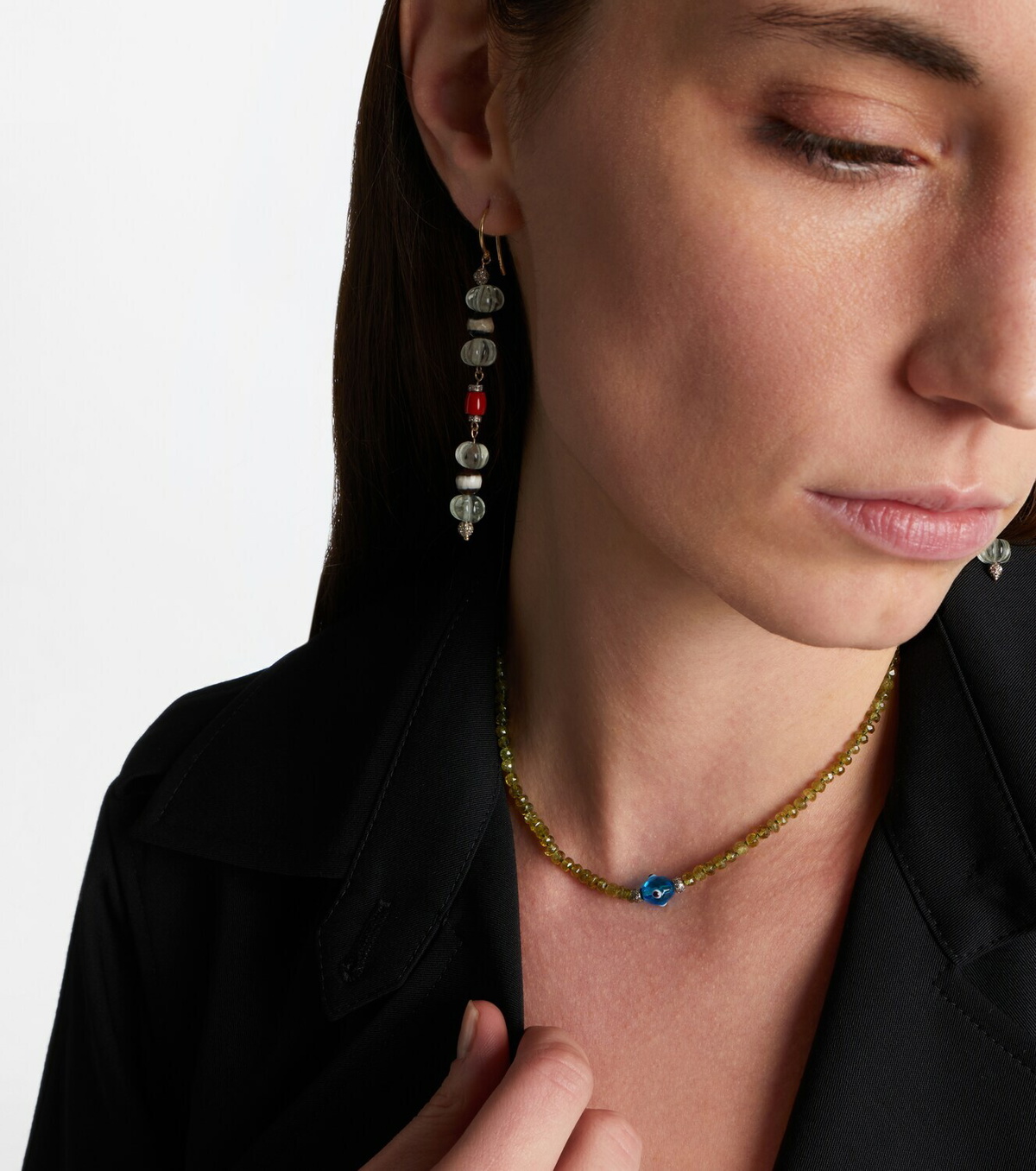 Ileana Makri 9kt white gold (375/1000) and sterling silver (925) beaded necklace with garnets and diamonds