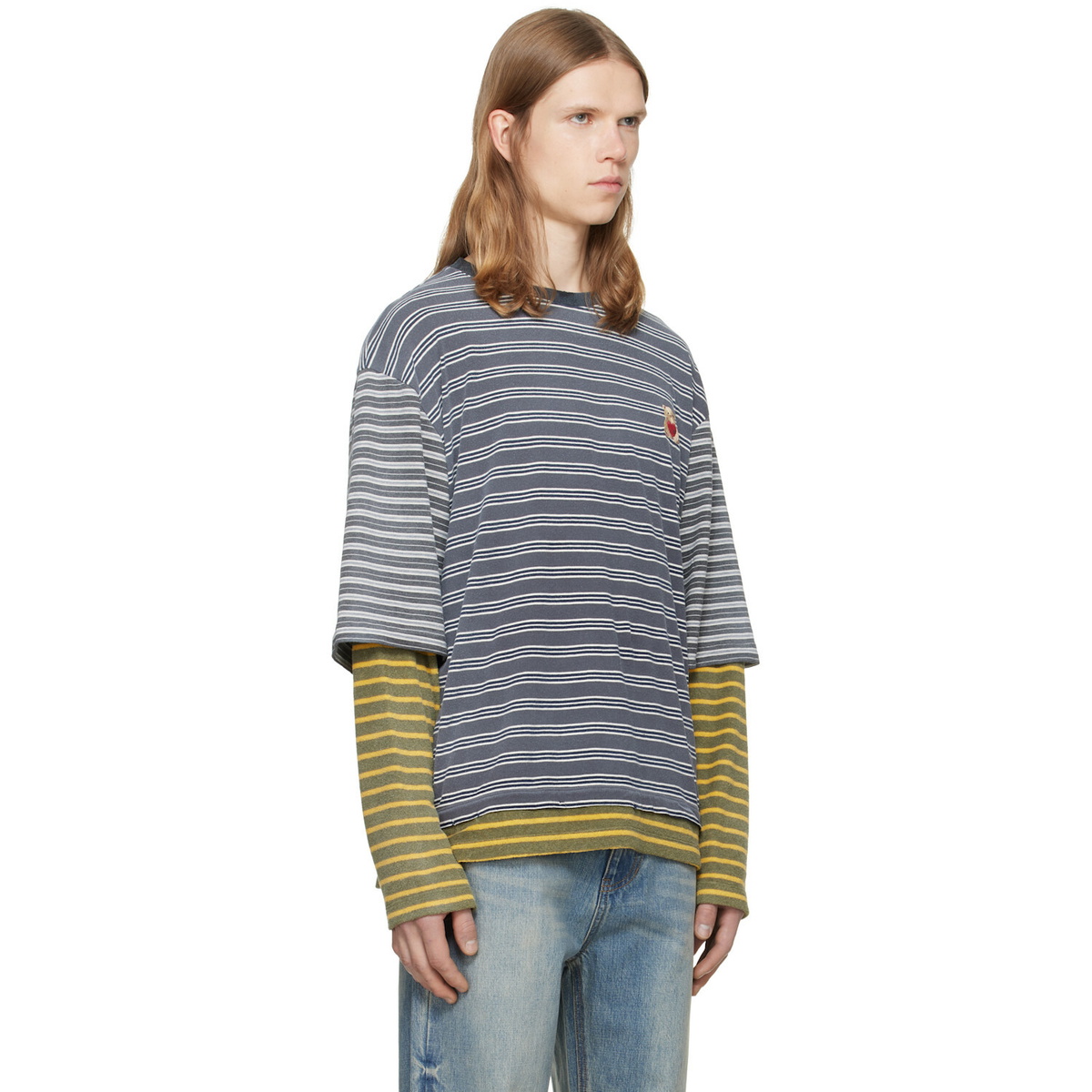 We11done Gray Contrast Striped Layered T-Shirt
