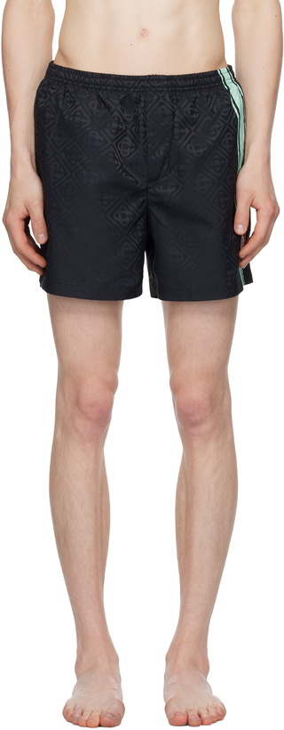 Photo: Casablanca Black Monogram Jacquard Stripe Swim Shorts