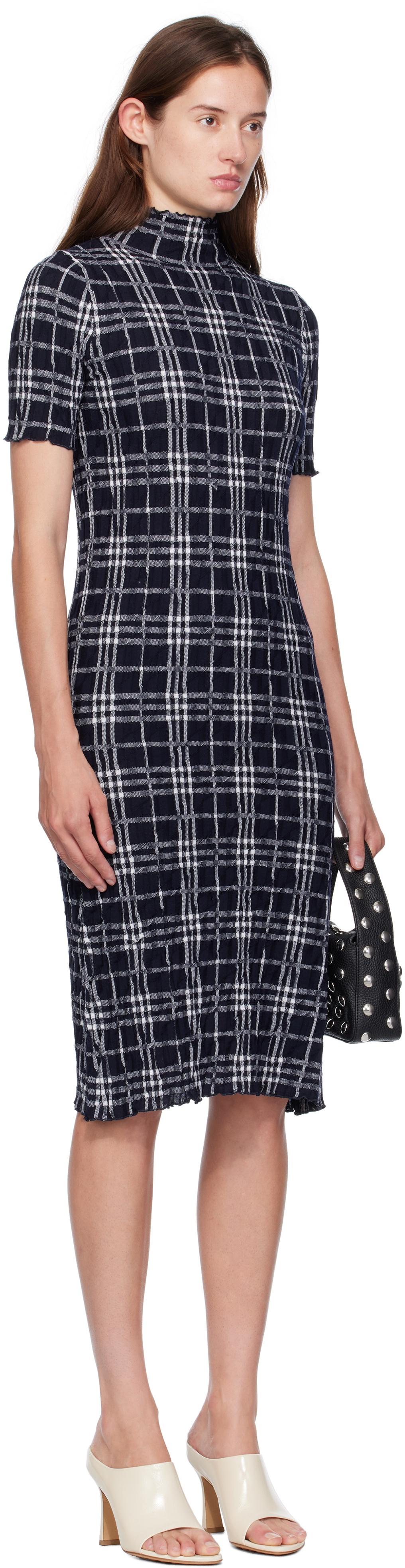 Burberry Navy & White Check Wool Blend Midi Dress
