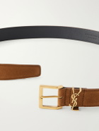 SAINT LAURENT - 3 cm Logo-Embellished Suede Belt - Brown