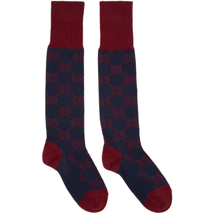 Photo: Gucci Navy and Red Long GG Socks
