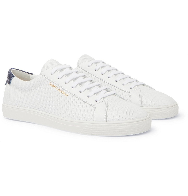 Photo: SAINT LAURENT - Andy Snake Effect-Trimmed Perforated Leather Sneakers - White