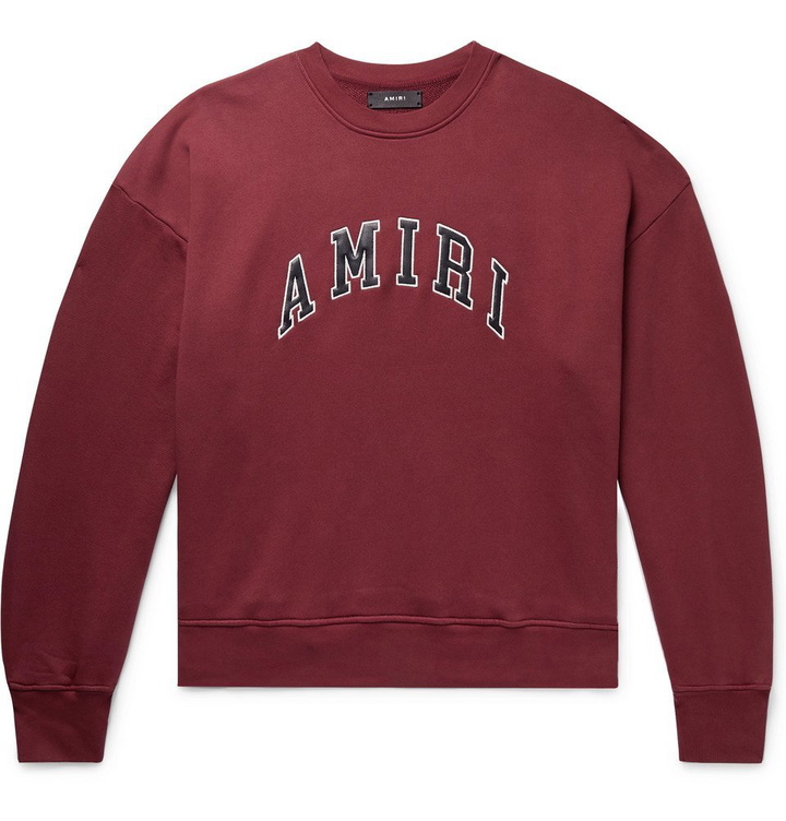 Photo: AMIRI - Logo-Appliquéd Leather-Trimmed Loopback Cotton-Jersey Sweatshirt - Burgundy