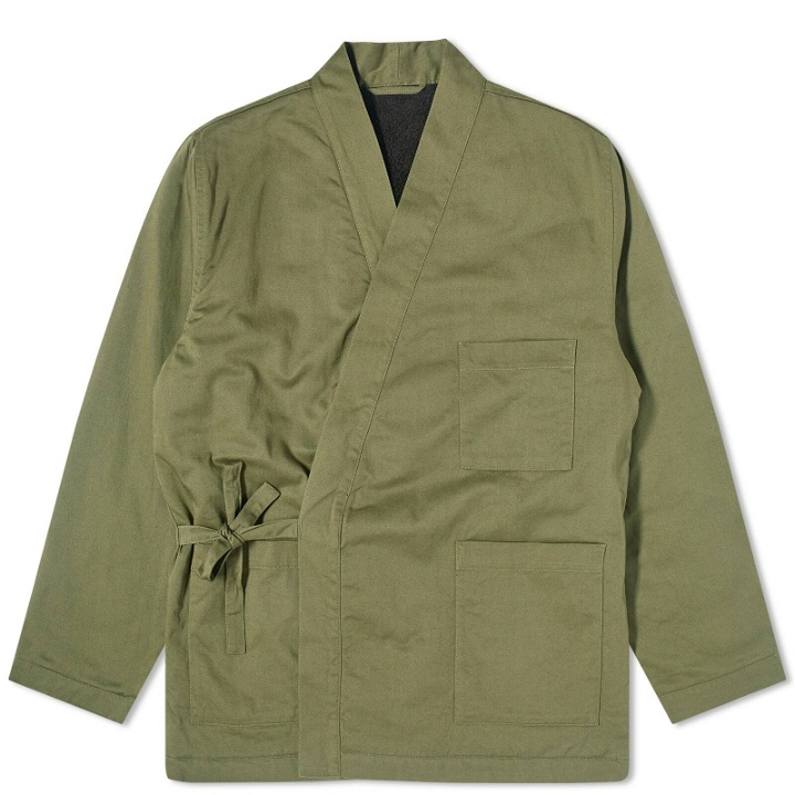 Photo: Universal Works Men's Twill/Sherpa Reversible Kyoto Work Jacket in Light Olive