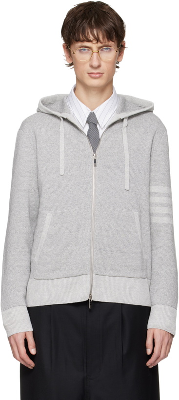 Photo: Thom Browne Gray Textured Striped Stitch 4-Bar Relaxed Fit Hoodie