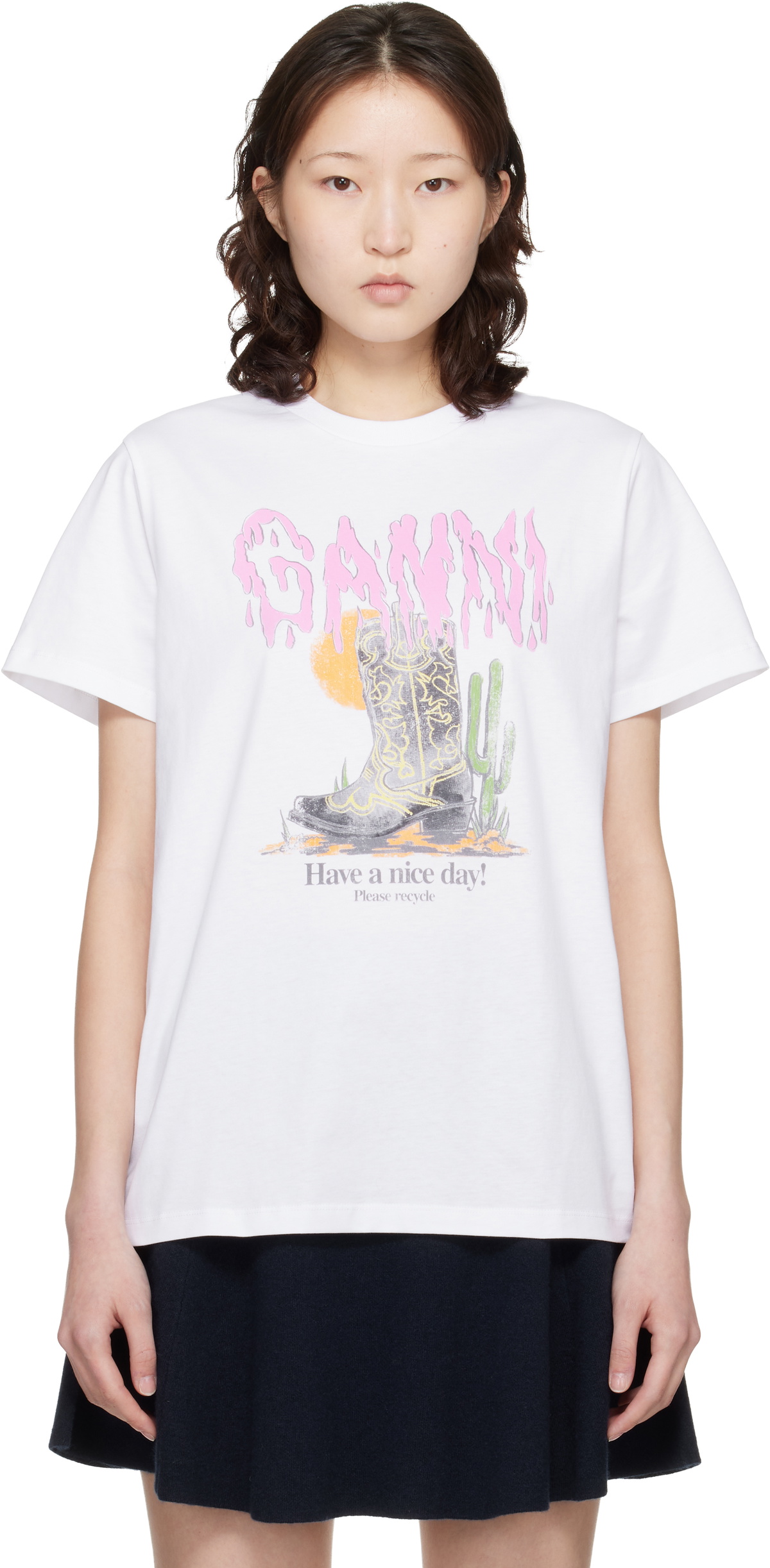 GANNI White Western Boot Print T-shirt
