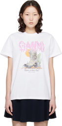 GANNI White Western Boot Print T-shirt