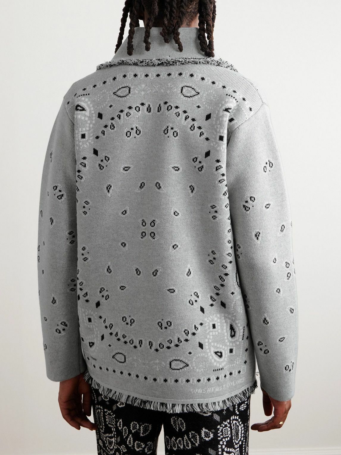 Alanui - Shawl-Collar Fringed Bandana-Jacquard Cashmere Cardigan - Gray