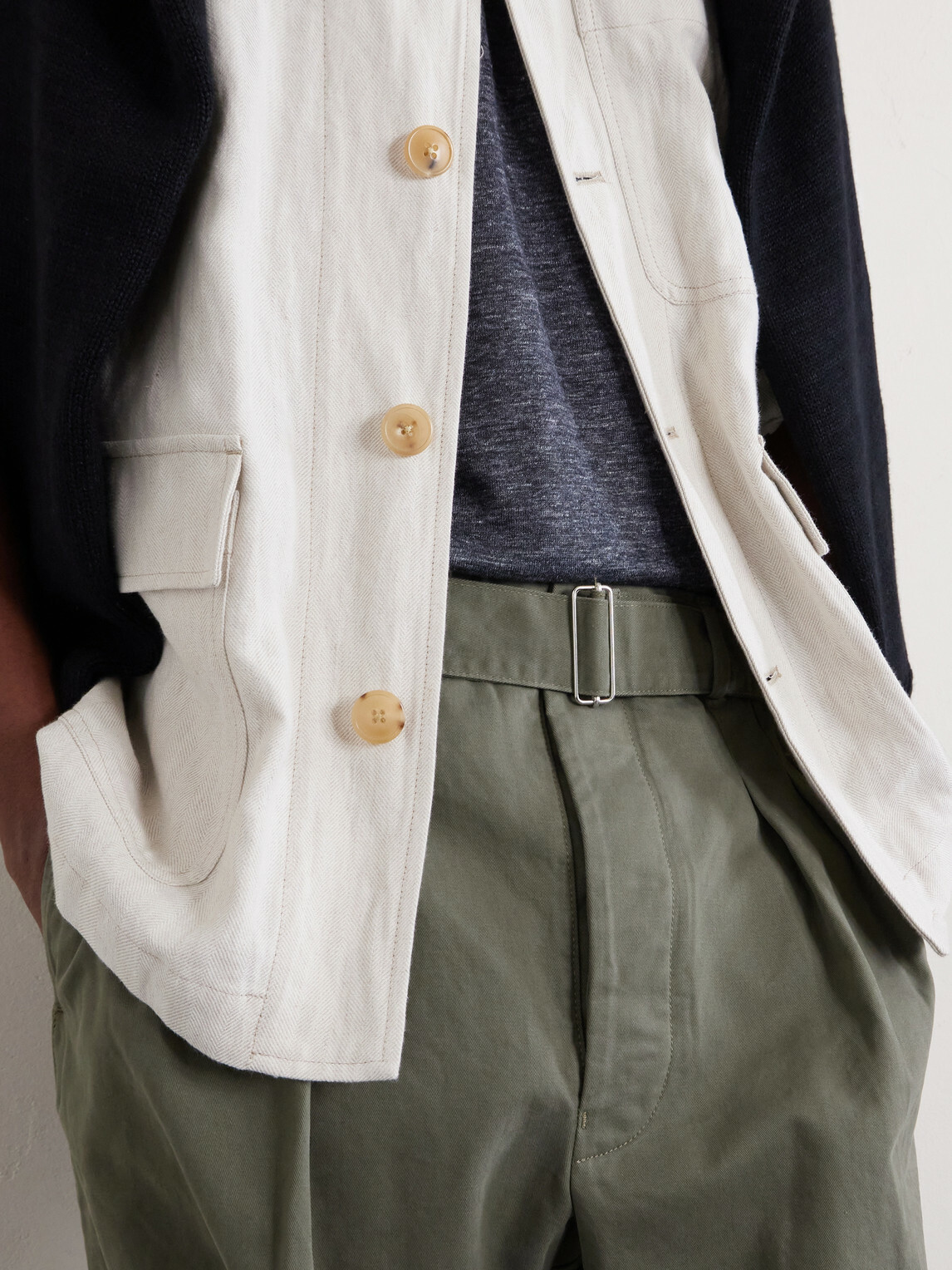 Officine Générale - Evans Wide-Leg Belted Pleated Organic Cotton-Twill Chinos - Green