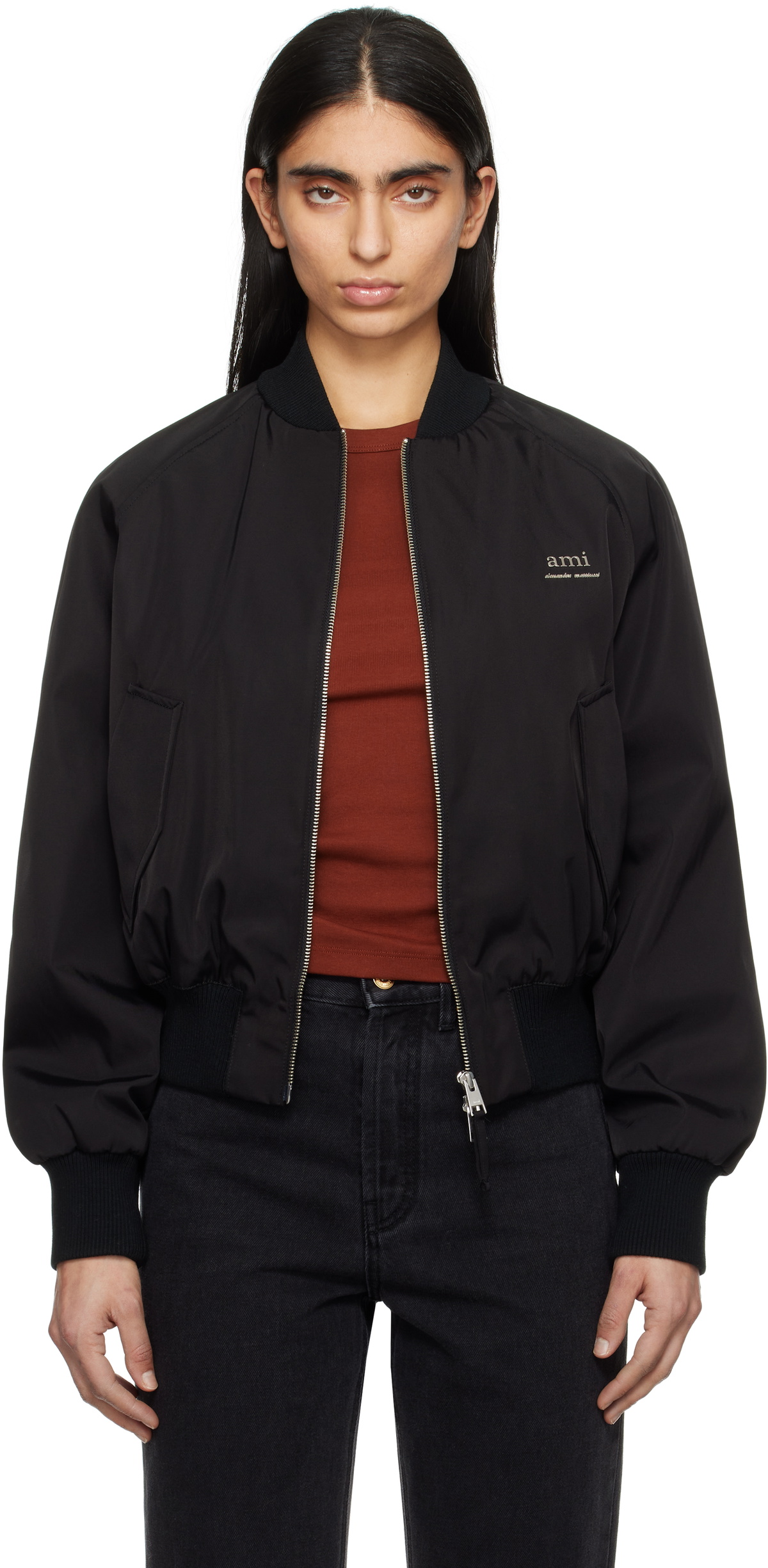 AMI Paris Black Twill Bomber Jacket