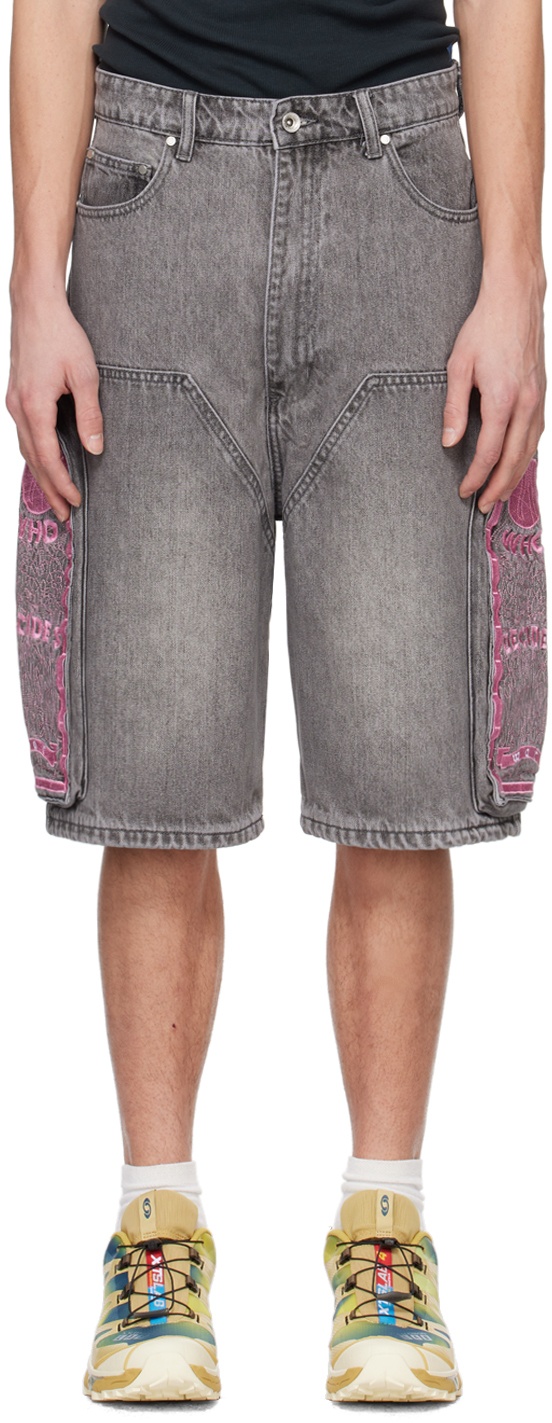 Photo: Who Decides War Gray Embroidered Denim Shorts