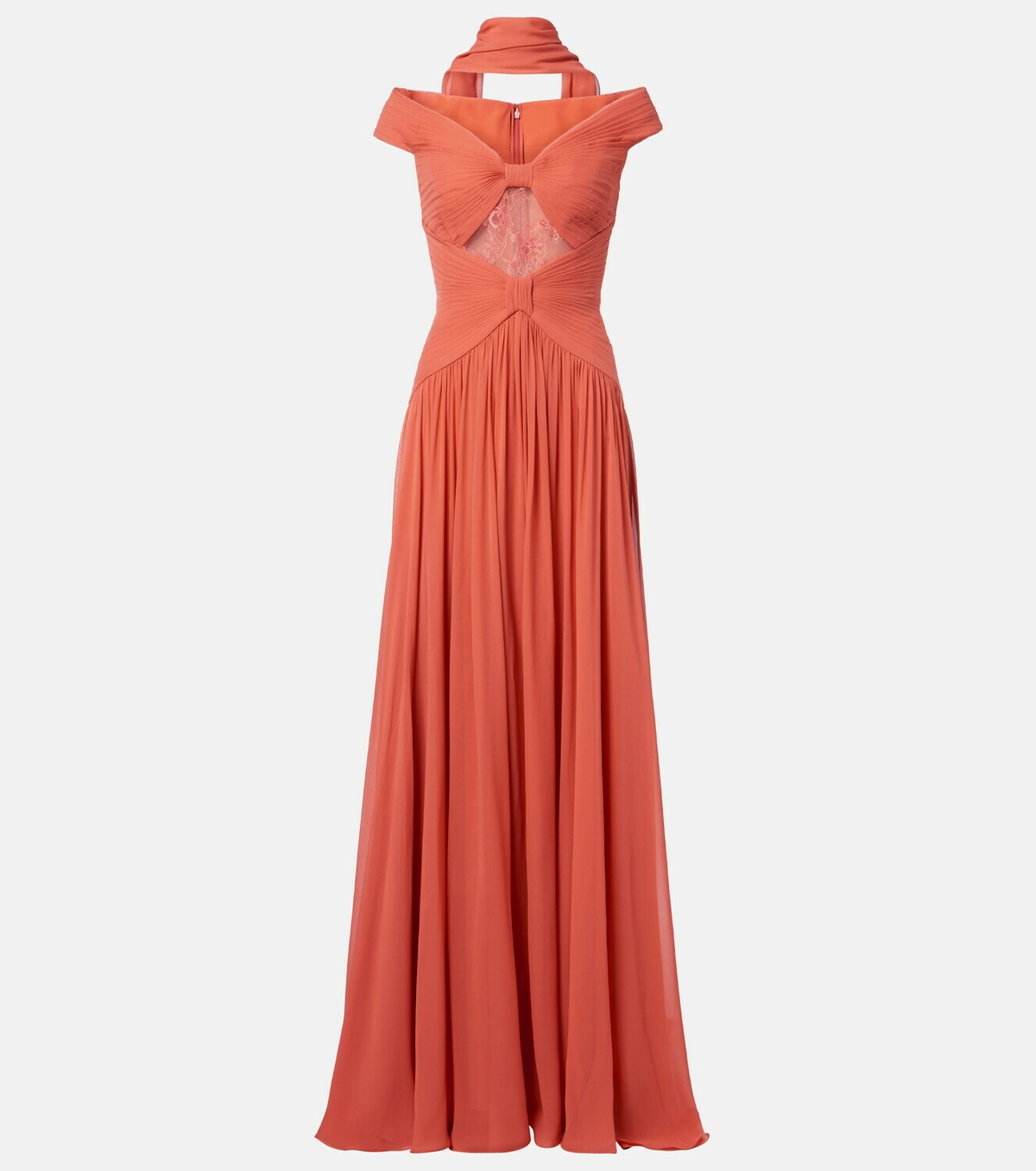 Elie Saab Gathered lace-trimmed silk gown