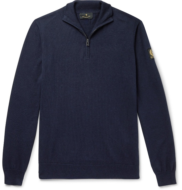 Photo: Belstaff - Bay Cotton and Silk-Blend Half-Zip Sweater - Blue