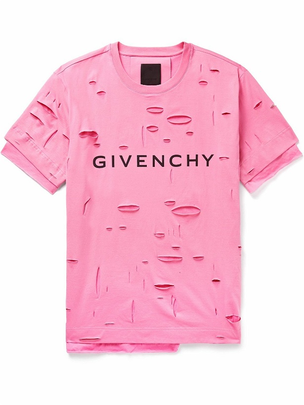 Photo: Givenchy - Layered Distressed Logo-Print Cotton-Jersey T-Shirt - Pink