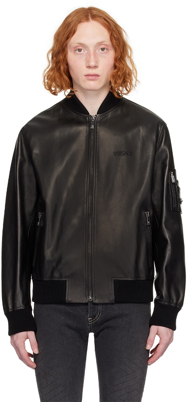 Photo: Versace Black Zip Leather Bomber Jacket
