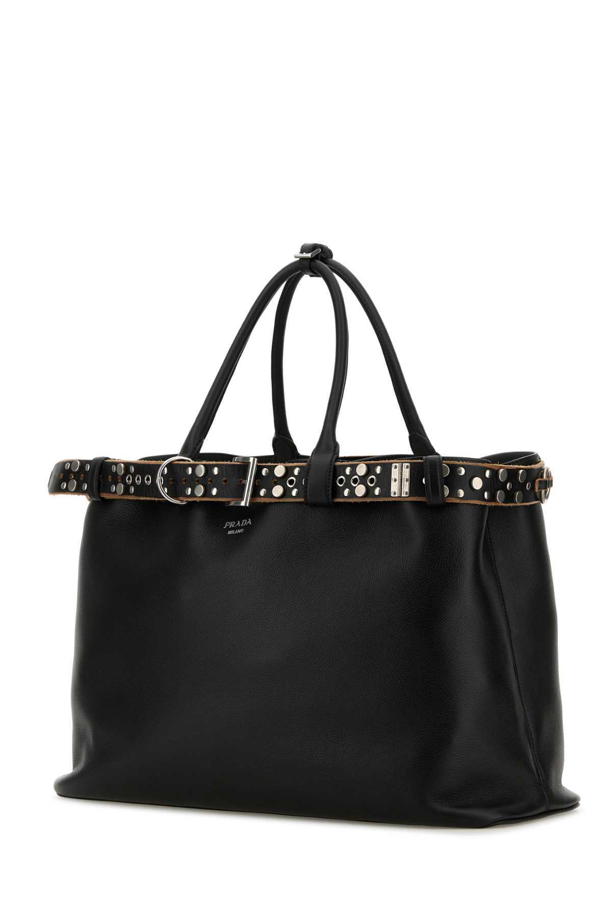 Black Leather Large Prada Buckle Shopping Bag Prada