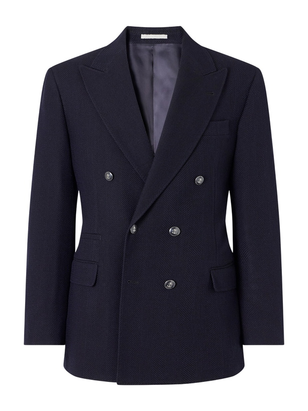 Photo: Brunello Cucinelli - Double-Breasted Wool And Cotton-Blend Herringbone Suit Jacket - Blue