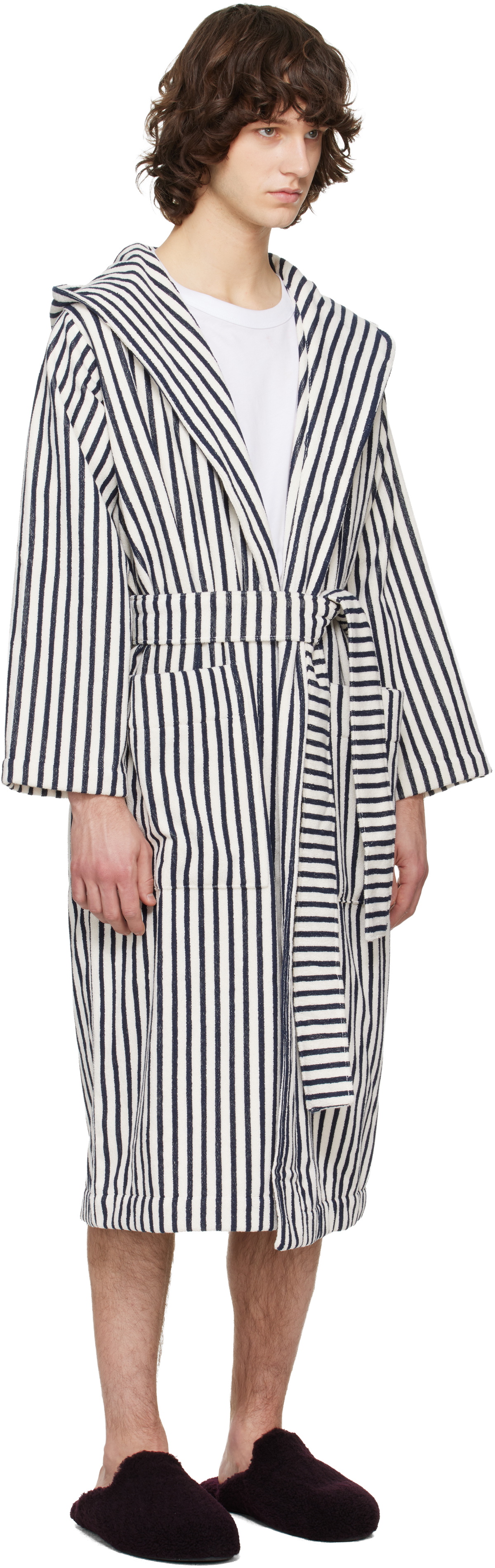 Tekla Off-White & Navy Terry Hooded Bathrobe