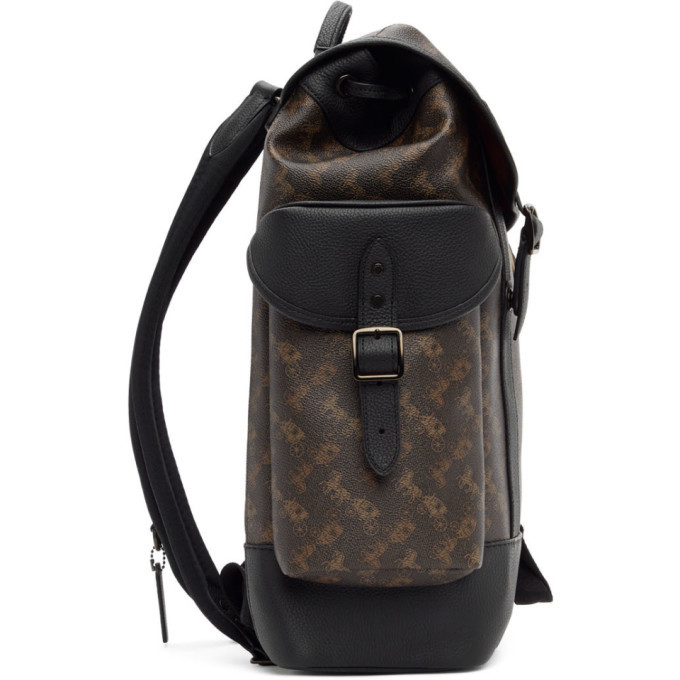 coach hitch backpack with horse and carriage print 1941 Brown Black and BlackSkinny Signature coated canvas printed coated canvas and refined pebble leather Inside zip and multifunction pockets Double zip closure fabric lining Handle with 2 1/4 drop Outside zip pocket Adjustable shoulder straps 10 3/4 (L) x 12 1/2 (H) x 4 3/4 (W) Style No. The Hitch backpack + our