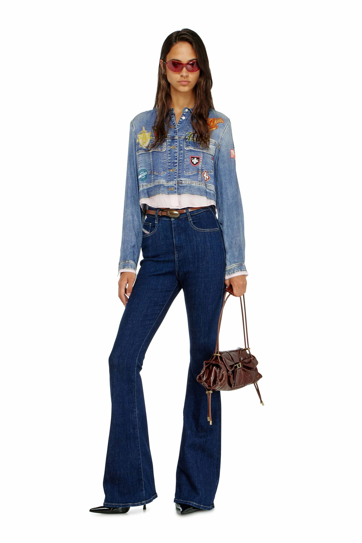 Diesel Cropped satin shirt with trompe-l'oeil denim print - Shirts - Woman -