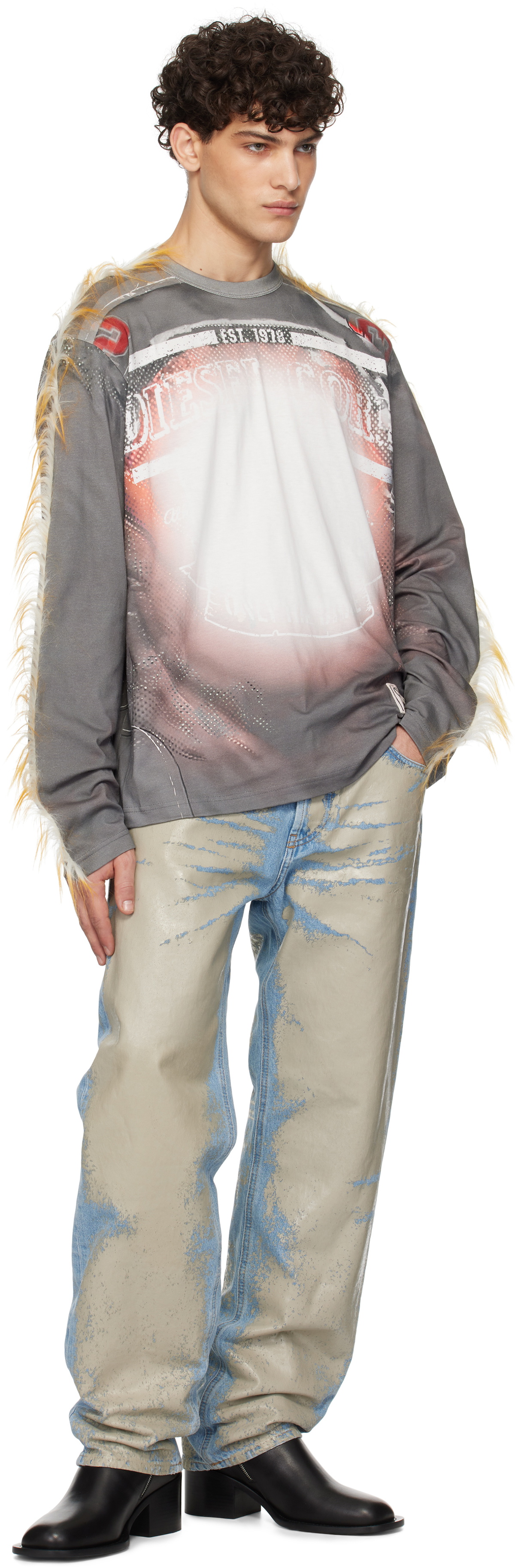 Diesel Gray T-Crane LS-Fur T-shirt Diesel